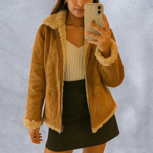 Coldwater Creek Jackets & Blazers - Y2K Boho Faux Shearling Suede Tan Zip-Up Cozy Curly Fleece Lining Jacket PL